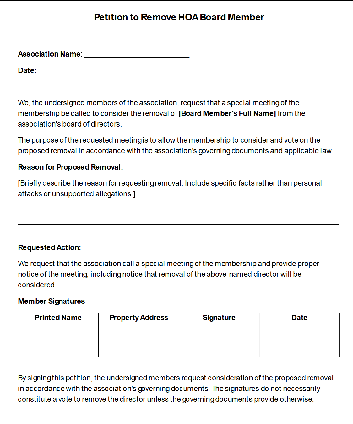 a sample petition to remove HOA board member